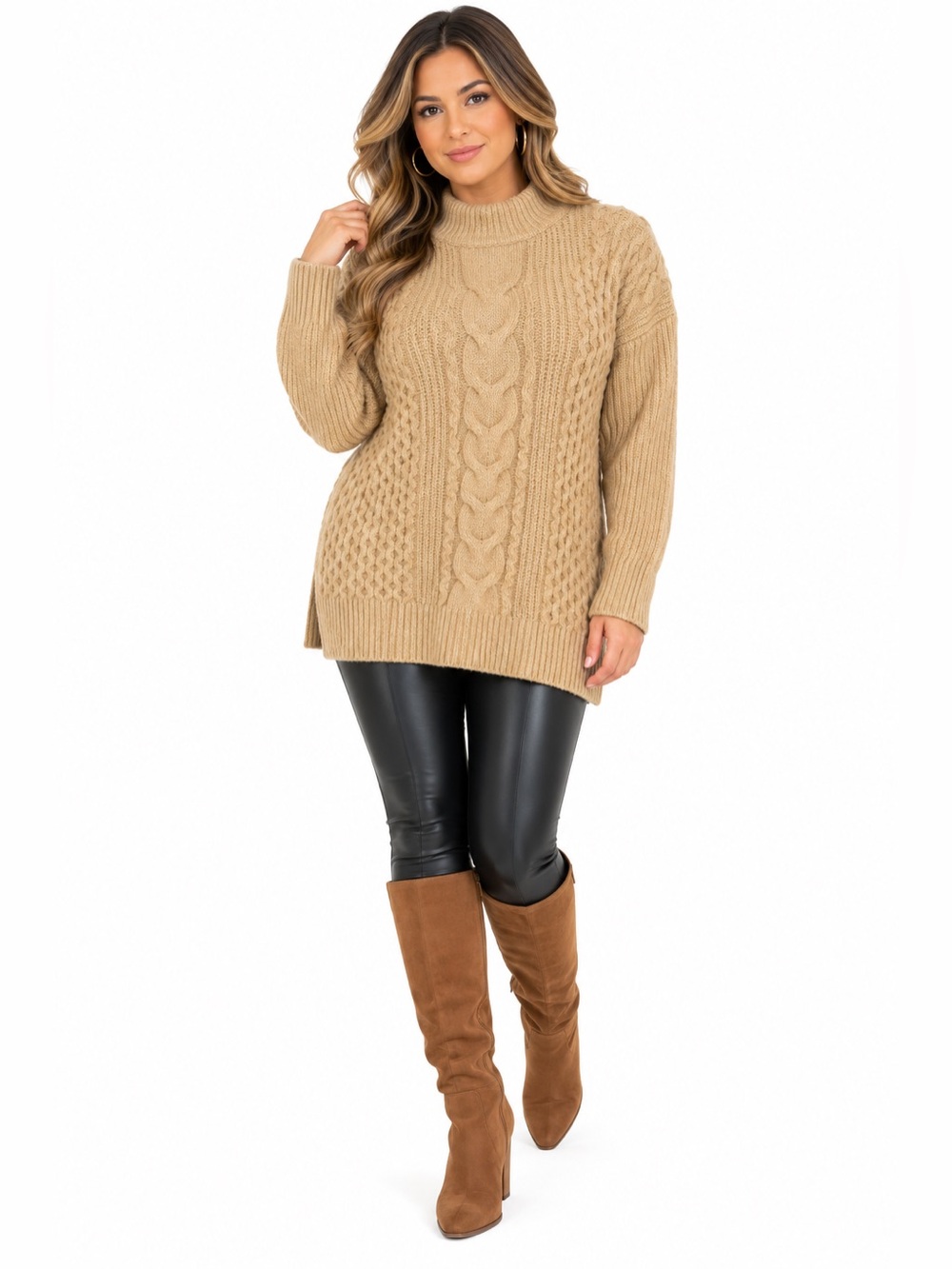 Dex Size M Cream Cable Knit Mock Neck Longline Oversized Sweater
